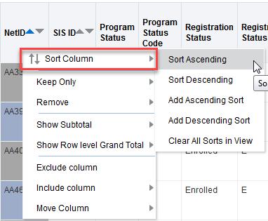 Drill/Rollup/Sort/Rearrange Columns Drilling Most sections of the page allow users to drill down into the student list to see the corresponding student population. Links are indicated by blue text.