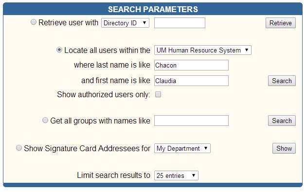 5. Using the Locate all users within the UM Human Resources System, search for the people who need to receive the form: Claudia