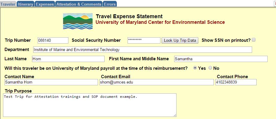iv. Enter Trip number (aka ELF Form ID), traveler s Social Security Number and Click Look up Trip Data.