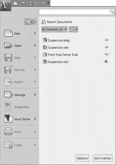 4 Chapter 1 Finding Your Way in the Inventor Interface The Application menu offers a lot great features, including being able to see the names or images of recently opened files and being able to
