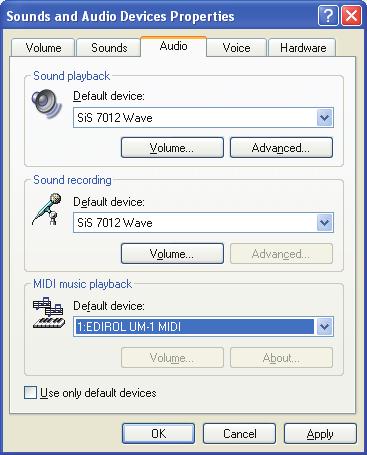 Setting the Driver The following describes the settings needed to use the UM-1EX with Media Player or other sequencer software using Windows standard device settings.