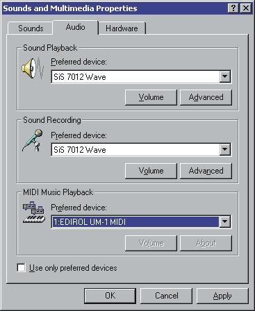 Windows 2000/Me users 1. Open the Sounds and Multimedia Properties dialog box. 1. Click the Windows start button, and from the menu that appears, select Settings Control Panel. 2. In Control Panel, double-click the Sounds and Multimedia icon.