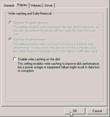 Changing the enable write caching option The Enable Write Cache option has no effect on the cache algorithm when used with HDS storage systems and is not related to any internal Windows server