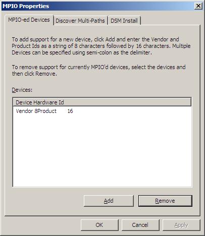 On the MPIO Properties window, select the MPIO-ed Devices
