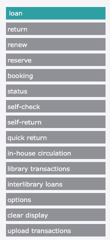 Circulation Features Circulation side menu Contains options for conducting transactions, configuring the schedule, docking the side menu right or left, clearing the display, and changing the system