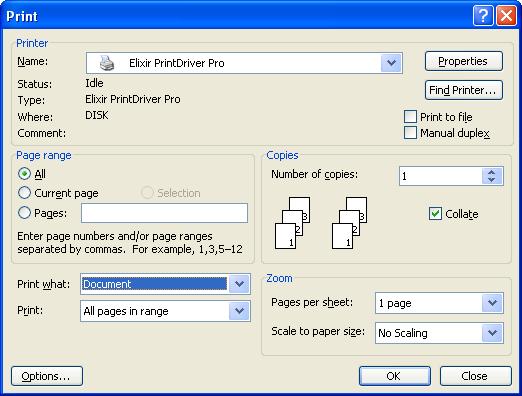 4 From the File menu, select Print. The Print dialog opens. Printing from Microsoft Word.