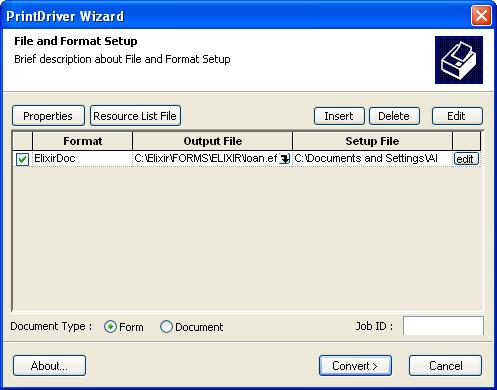 6 Click OK. After a moment, the PrintDriver Wizard displays. This dialog allows you to convert your Word document into one or many output formats. The PrintDriver Wizard.