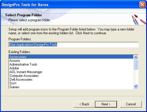 17 Click Next. The Select Program Folder dialog displays with Elixir Applications\DesignPro Tools set as the default folder for placing application shortcuts.