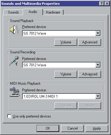 Windows 2000/Me users 1. Open the Sounds and Multimedia Properties dialog box. 1. Click the Windows start button, and from the menu that appears, select Settings Control Panel. 2. In Control Panel, double-click the Sounds and Multimedia icon.