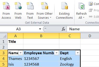 Highlight the contents of the spreadsheet from the header row down - i.e. do not include any rows above the header row. 2.