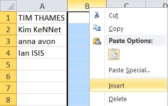 1. Insert a column to the right of the text you want to amend (right Click on the column and select Insert) 2. This will insert a new blank column. 3.