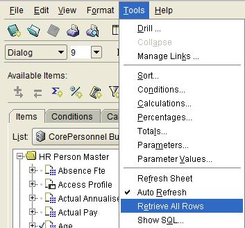 At the bottom of the worksheet you will have the option to click on to retrieve the next 250 rows. Note: If your report is likely to return more than 500 rows, follow step 2. 2. Go to Tools > Retrieve All Rows.