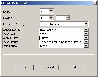 13. When the Module Definition dialog box opens, change the Output Data to None, verify the Input Status is Combined Status- Power, and click OK.