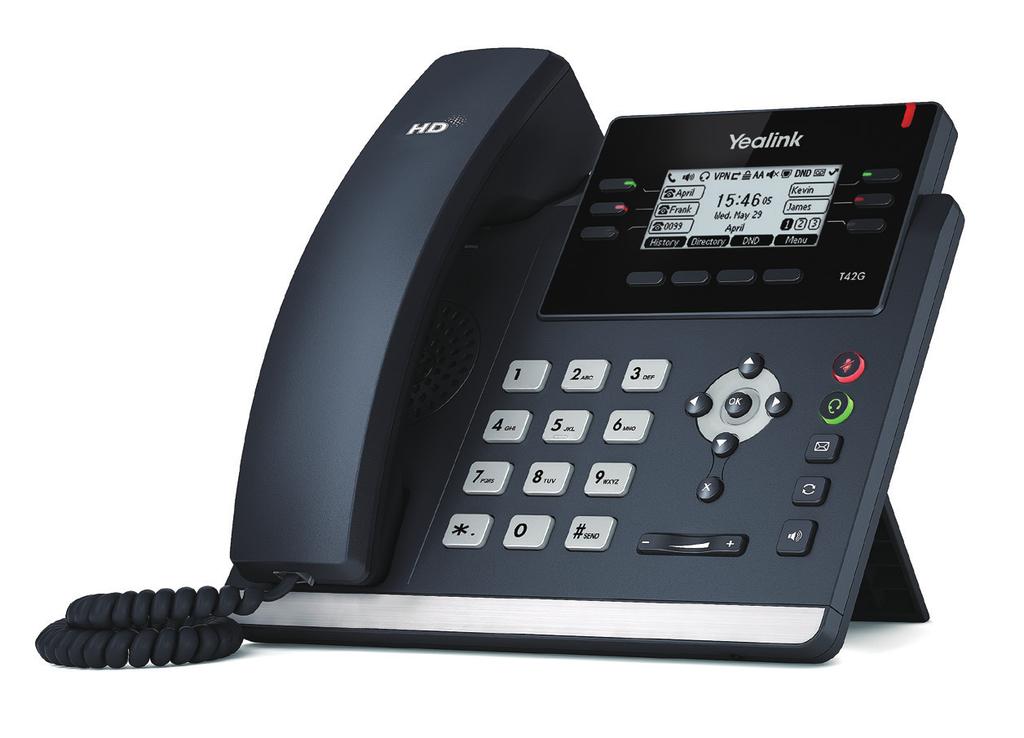 YEALINK SIP-T41 Our entry level SIP-T41 handset provides attractive styling, dual port fast Ethernet connectivity, HD voice and support for wired headsets. KEY FEATURES 2.