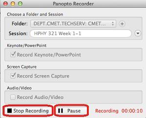 Then, when you are ready to record, click on Start Recording at the bottom left. 5. You can either Stop or Pause the Panopto recording by clicking on the Stop or Pause button on the bottom left. 6.