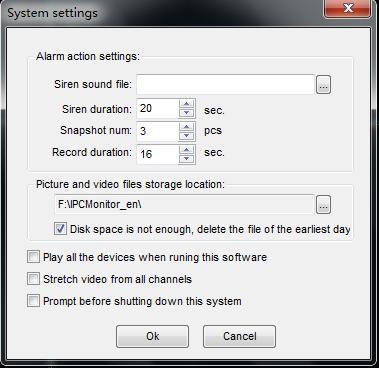 Figure 15 System Setting Following are some introductions for this window: 1) Alarm action settings: User can select other sound file (.wav) as siren sound.