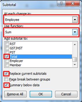 Step B: In the subtotal option select employee from the drop down and sum in the