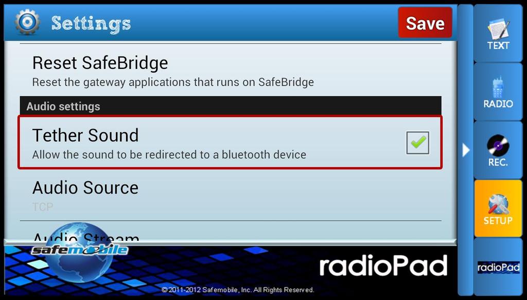 3. Using BluComm - Having the 'Tether sound' option selected and BluComm connected, when opening RadioPad you should hear all the Android sounds through the BluComm Speaker and any incoming call.