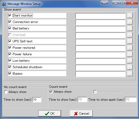 Message Setup allows entering a custom message or selecting a message file for each UPS event.