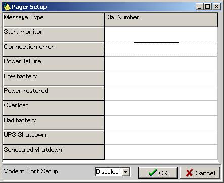 3. The Call Pager setup menu item allows the entry of telephone numbers to be dialed whenever any of nine UPS events occur. Selection of a COM used by an external modem is also provided: Fig.