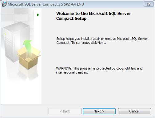 8. After the files are installed, if you do not have Microsoft.Net 3.5 or Microsoft SQL Server Compact they will now be installed automatically. As MS.
