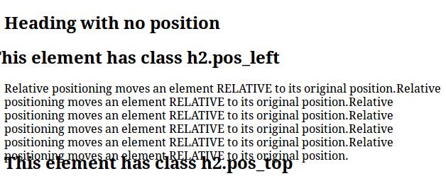 Absolute Positioning Example.container { position: relative; } h2.pos_left { position: relative; left: -20px; } h2.