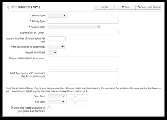 Section G Institutional Service 1. Click on the Internal (NPS) link. 2. Click the Add New Item button. { 3. Complete the data as necessary.