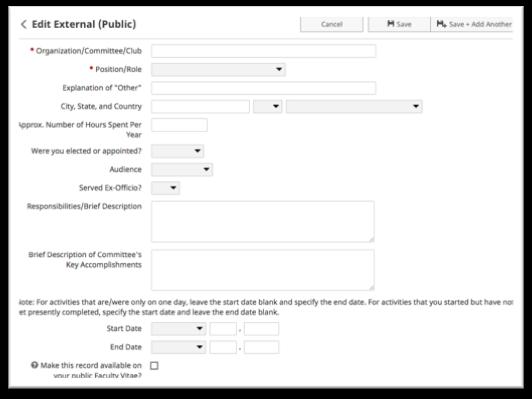 Section H Professional and Public Service 1. Click on the External (Public) link. 2. Click the Add New Item button. { 3. Complete the data as necessary.
