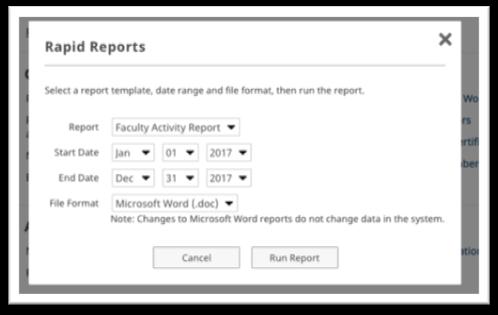 What should I do first? (cont.) Running Rapid Reports Running your Faculty Activity Report Change the date range to match the timeframe you wish to pull the information for.