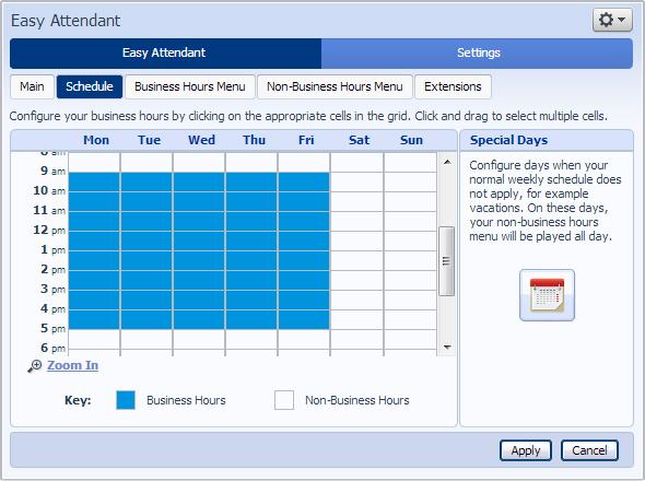 Easy Attendant Menu Tabs The subscriber will then a screen similar to the following, which will indicate whether the Easy Attendant call tree is currently turned on or off, and, for schedule mode,