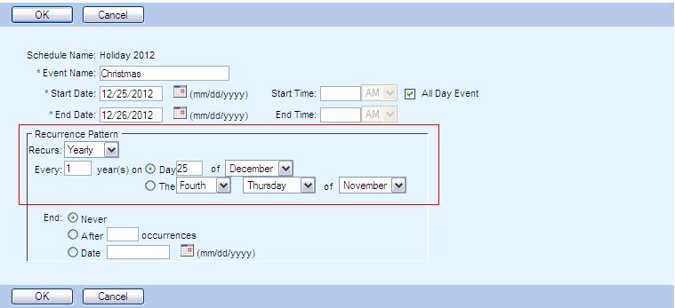 8 Christmas Example: Enter the Christmas Start & End Date Mark as All Day Event if closed for multiple days Recurrence Pattern Should be Yearly Enter the Day & Month of recurrence 9 In order to set