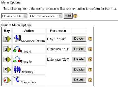 Figure 7. Menu Options page For each option that you want to include in the menu, fill in the following fields and click Add to add the option.