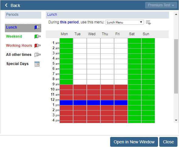 Define a Schedule To define a weekly schedule: 1. Click the Schedule tab in Auto Attendant s Line Status pane. 2. Select the desired period in the Periods list. For example, select Lunch in blue. 3.