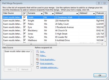 Prepare your data Deselect the tick boxes to exclude certain recipients from the mail merge Use the drop-down arrows on a column to only include recipients that match certain criteria To sort your