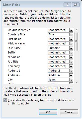 Whenever you want to pull personalised text from the Excel file or Word table, in the Mail Merge wizard pane on the right, click on The pop-up window has a menu of the columns in your Excel file or