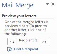 Preview the individual letters When writing the letter, mail merge fields will appear as <<fieldname>> The preview allows you to show how this will look with the real data pulled in from the Excel