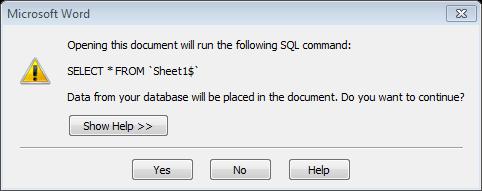 Opening an existing mail-merge Word document If you open a Word document containing a mail-merge linked to an Excel file or Word table, you will see the following message: This is asking if you still