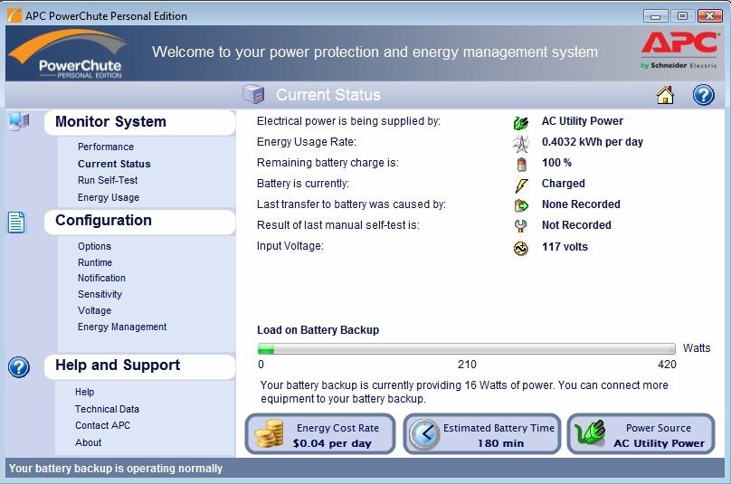 APC PowerChute Personal Edition Easy-to-use auto-shutdown software with power and energy management features Easy to read view of current power conditions.