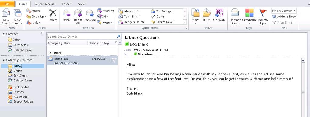 As Alice is preparing to respond to Bob s email she notices that his presence in Outlook indicates that he is actually online so she decides to send him a