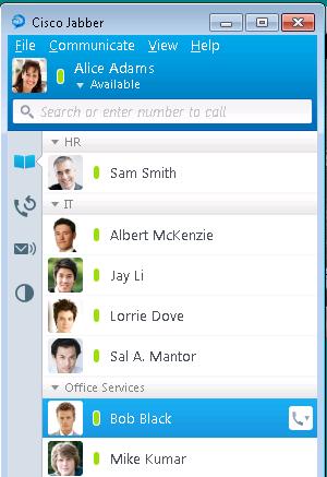 Fly your mouse over Bob Black in the contact list in the main Cisco Jabber window Step 100 Click the Phone Handset next