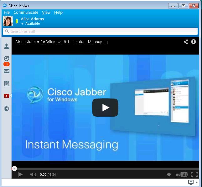 Step 335 Click on the First New Tab. Observe that it has an embedded YouTube video about Cisco Jabber for windows.