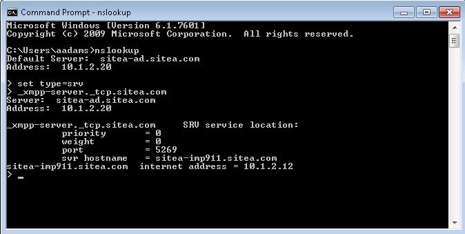 Step 454 Type _xmpp-server._tcp.sitea.com and press Enter. Step 455 Notice the command returned all the appropriate information for the _xmpp-server srv record that was built in the previous section.