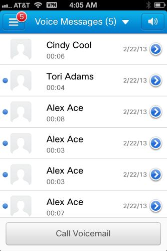 there is 6 voice mail messages for Blake Bad Select the first voice message from Cindy Cool Observe the voice message is
