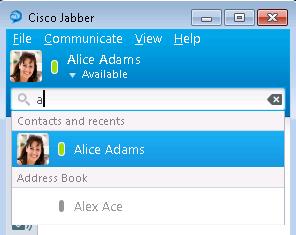 logged in users, and Alex Ace shows up in the search. Alex Ace is a contact in the local Microsoft Outlook contact list.