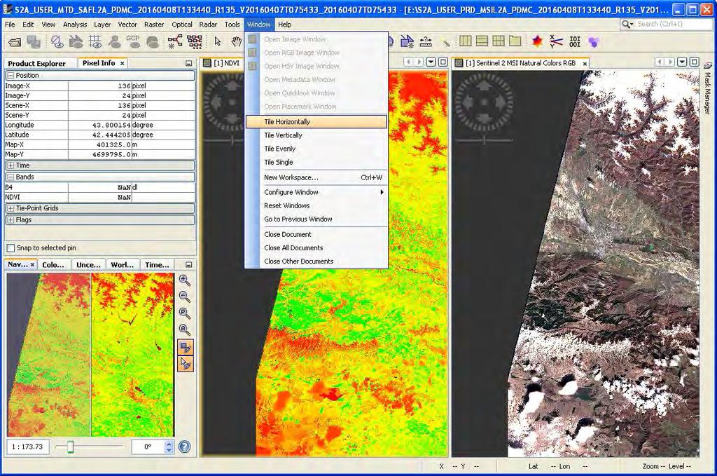 Exercise 2 Sentinel-2 atmospheric correction and NDVI index (sen2cor, SNAP) In menu Window select Tile