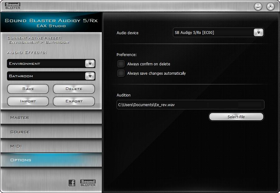 Options Settings The Options tab allows you to select an Audio Device and set Preferences Selecting the Audio Device 1. On Sound Blaster Audigy 5/Rx EAX Studio, click the Options tab. 2.
