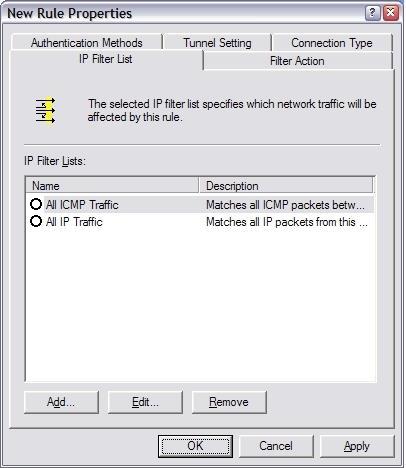 Figure 3-7: New Policy Properties Net A to Net B On the IP Filter List tab type an appropriate name for the filter list (i.e. Windows to Digi Transport), click to clear the Use Add Wizard check box, and then click Add.