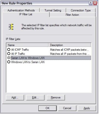 Figure 3-28: New Rule Properties Net B to Net A Tunnel IP Filter List On the Tunnel Setting tab, select The tunnel endpoint is specified by this IP Address, and then type the fixed IP address