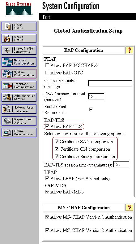 Restart the Service and Configure EAP TLS Settings on the ACS Complete these steps in order to restart the service and configure EAP TLS settings: 1.