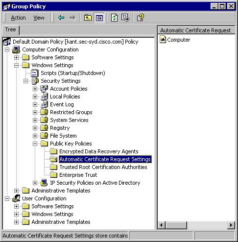 6. On the menu bar, go to Action > New > Automatic Certificate Request, and click Next. 7. Choose Computer, and click Next. 8. Check the Certificate Authority, "Our TAC CA," in this example. 9.